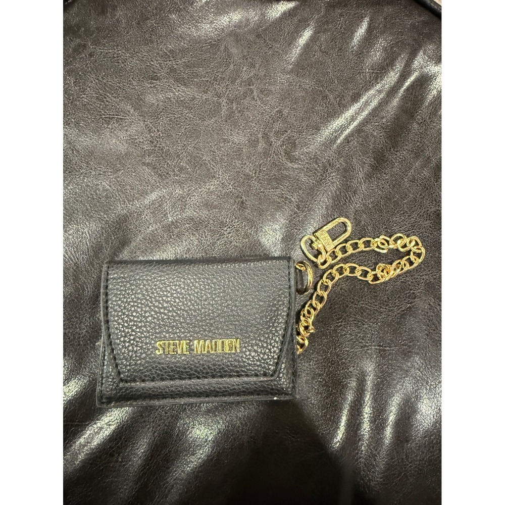 Steve Madden Black Faux Leather ID Card‎ Holder Wallet Chain Gold Logo